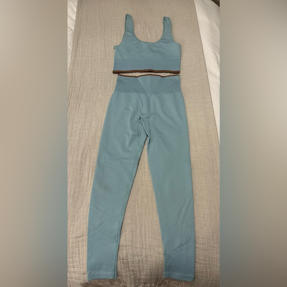 Outdoor Voices Blue Tank Sports Bra with Brown Trim
